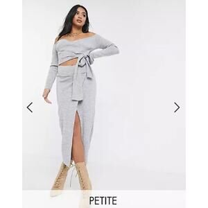 NWT Missguided Petite co-ord wrap knitted midi skirt in grey size 4